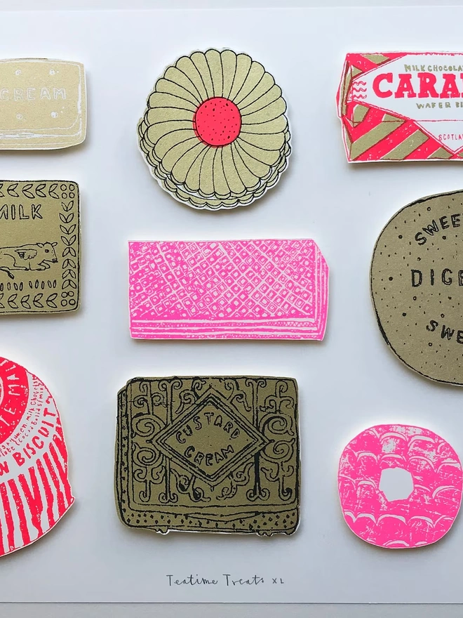 Teatime Treats XL A3 Screenprint Biscuit Collage, a collection of colourful biscuit designs on a white screenprint. 