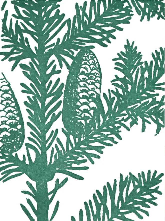 Close up of design on front of card. Middle-dark green flat shaded artwork, clipping of fir tree with visible spines and pine cones. Monochrome, flat shaded