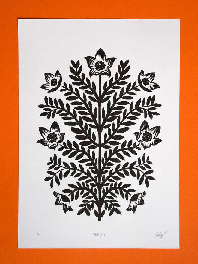 A4 Linocut print of symmetrical flower design