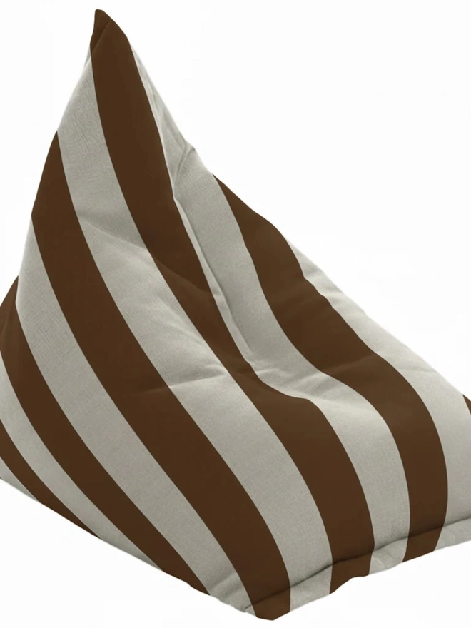 Hand Painted & Repurposed Linen Bean Bag Striped Chair, a colourful mocha striped bean bag chair against a white background.