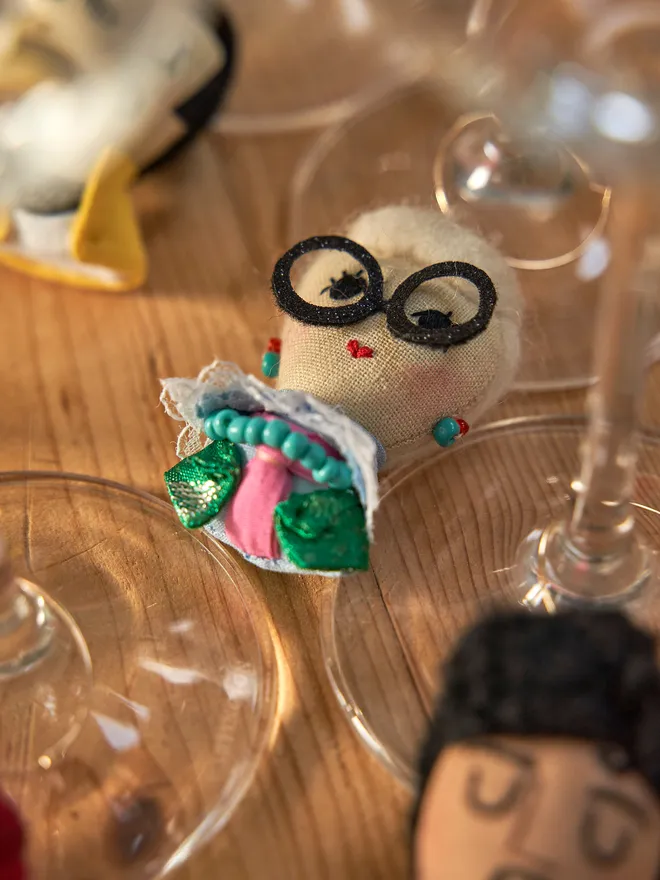 Iris Apfel wine glass charm