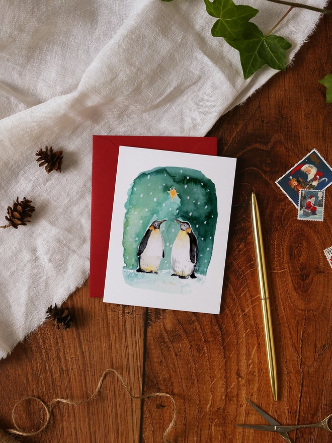 Two Emperor Penguins Mini Christmas Card
