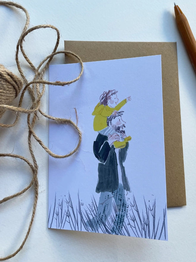 Esther Kent illustrated greeting card showing a child in a yellow jacket riding on the shoulders of a bearded man, on a country walk
