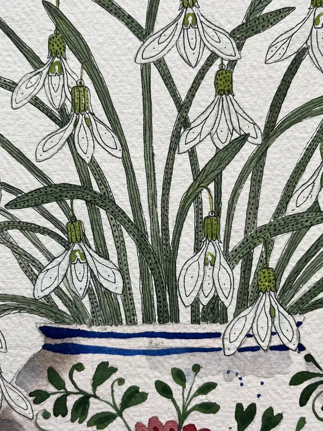 'Spring Snowdrops In Teapot' Watercolour Painting