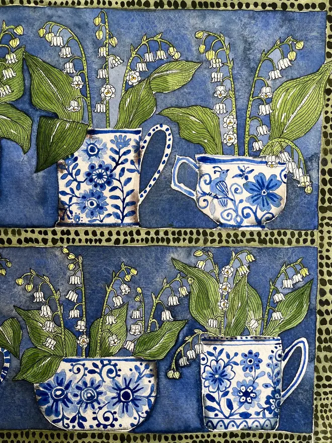 Lily of the Valley, Spring flowers in delft teacups and mugs displayed in a plant theatre
