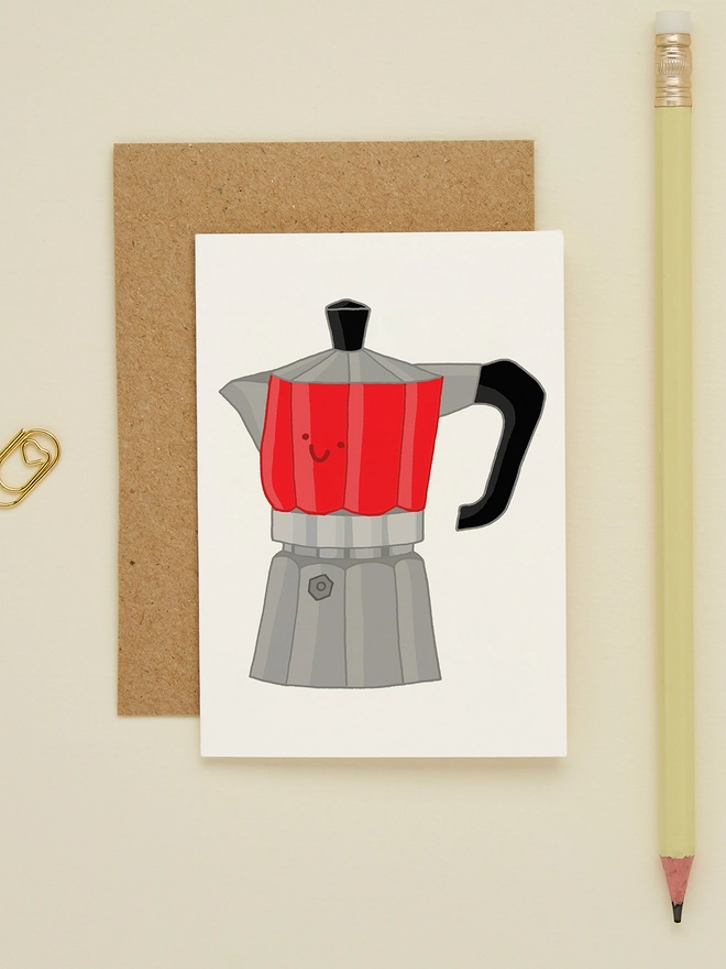 Mini greeting card featuring a hand-drawn espresso percolator with a smiley face, printed on pearl card stock, perfect for coffee lovers.