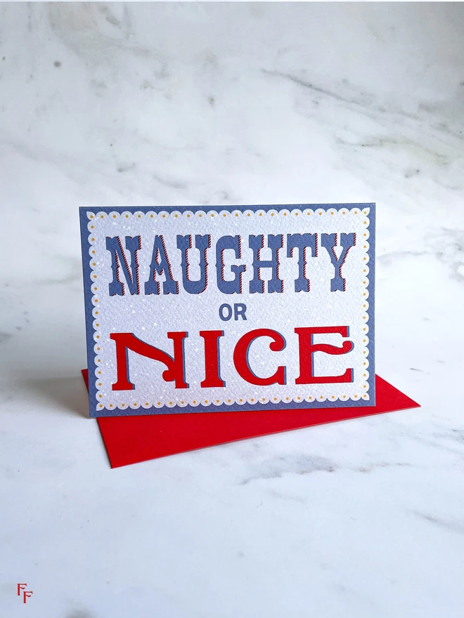 'Naughty or Nice' charity christmas card, Typography, Lettering, blue and red, vintage aesthetic, flora fricker