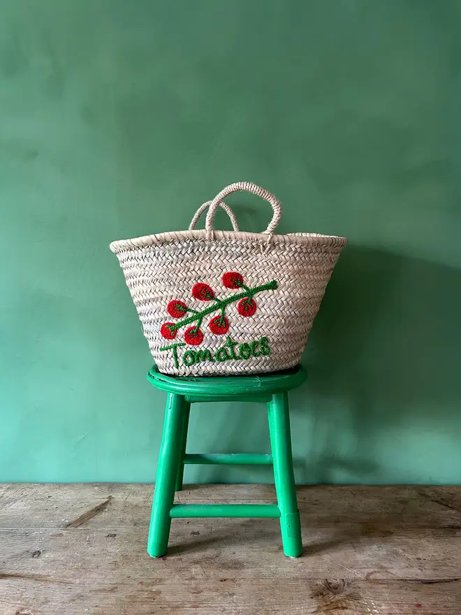 'Tomatoes' Hand Embroidered Market Basket 