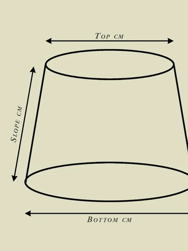 Retro Drum Lampshade.  A lampshade size guide diagram showing top diameter, bottom diameter and slope measurements in centimetres for a tapered drum shade. Use the illustration to measure your lamp and choose the right size shade.