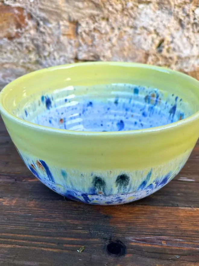 Shoreline Small Bowl, a colourful bowl placed on a wooden surface in front of a brick wall. 