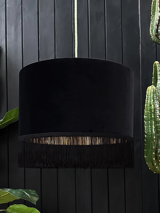 Jet Black Velvet Lampshade With Gold Lining & Fringing. 