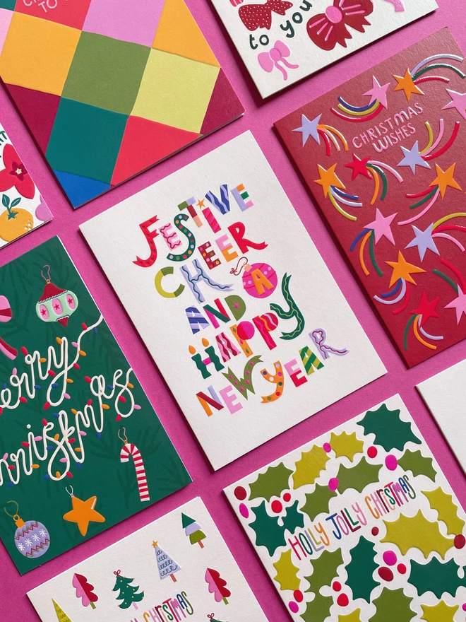 Bright, Colourful & Joyful Christmas Cards Flatlay | Raspberry Blossom 