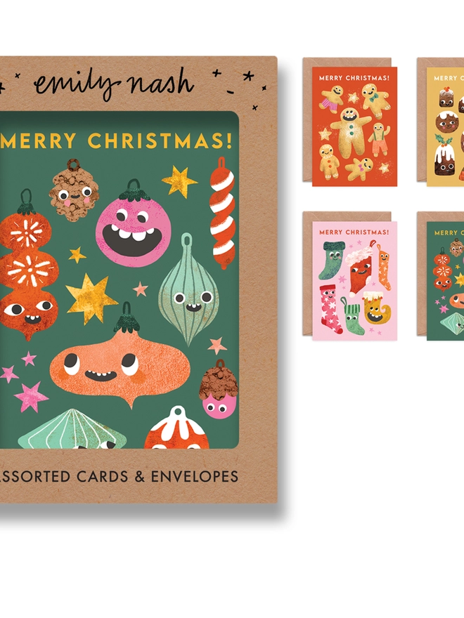 funny christmas assorted multipack pack set eight gingerbread bauble figgy pudding stocking illustrated cute
