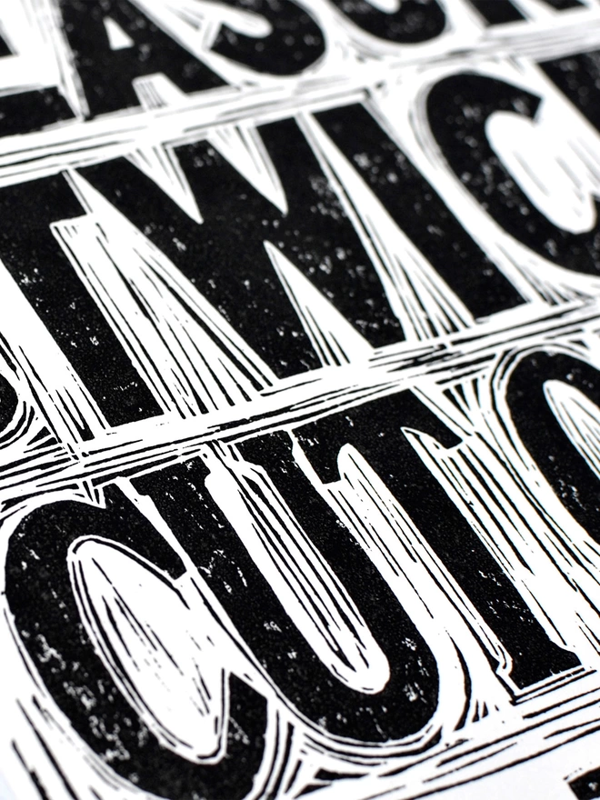 hand lettering detail of black and white carpentry print