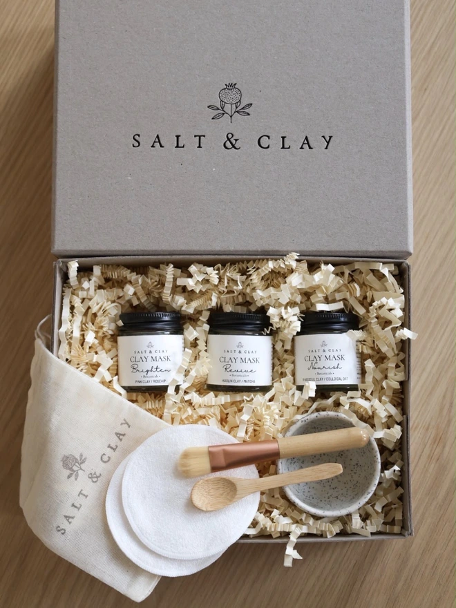 A gift set of three vegan and organic clay face masks. 
