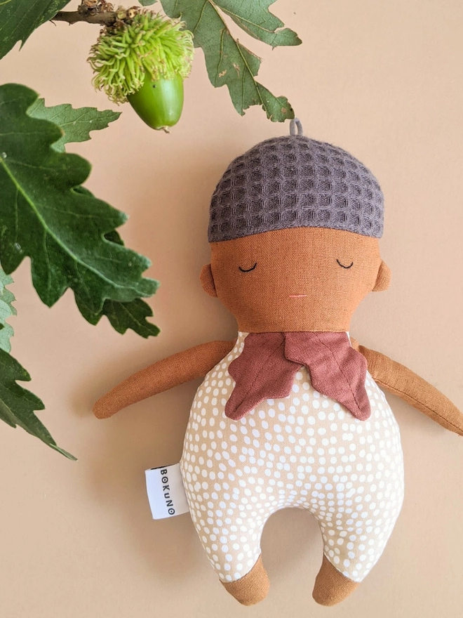 fabric acorn doll with dot print outfit