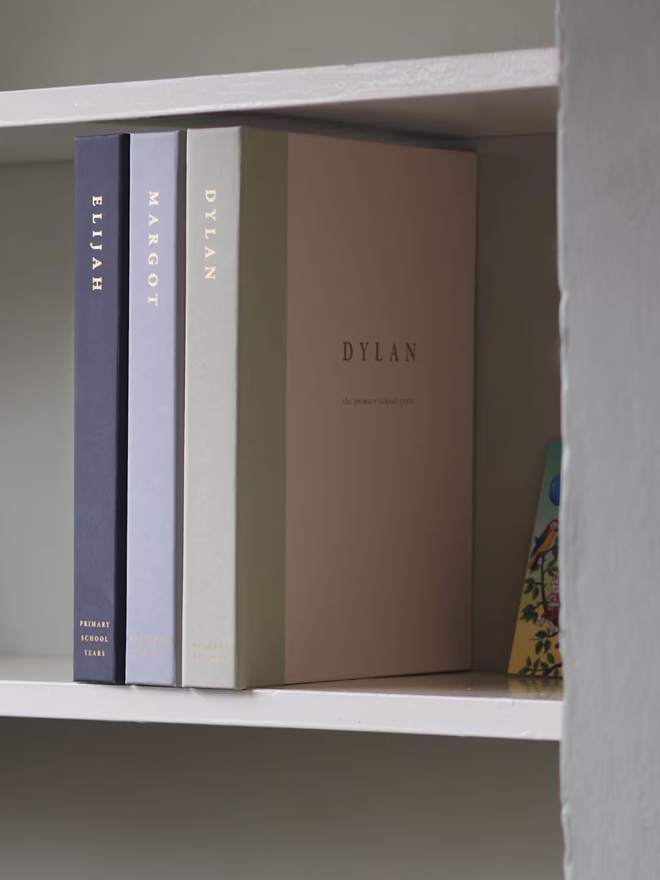 personalised keepsake ring binder. three personalised ring binders photographed to show the spines.