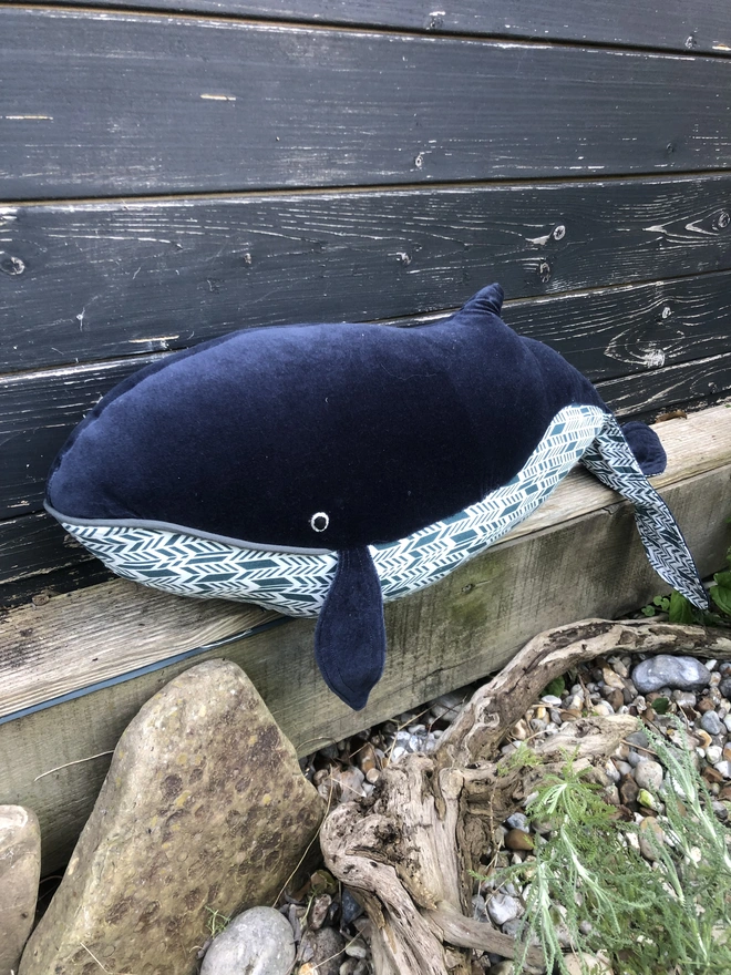 Navy blue velvet handmade soft toy whale with 100% printed cotton belly.