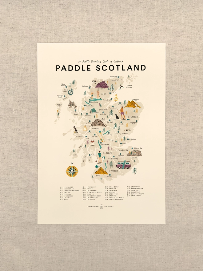 Paddle Scotland map print, unframed, against a neutral background