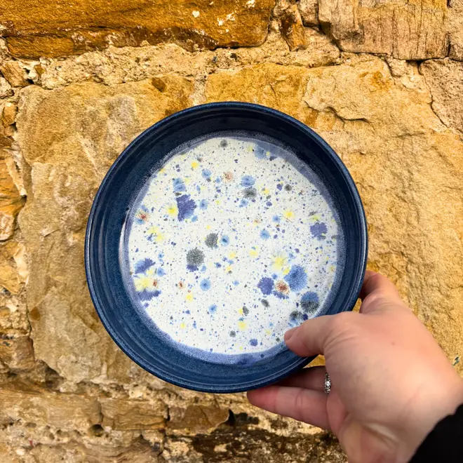 Shoreline Pasta Bowl, a colourful bowl held against a brick backdrop. 