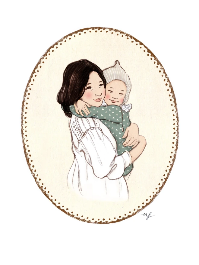 a personalised traditional drawing of an asian lady and her asian baby surrounded by a hand drawn oval sepia vintage style frame. drawn in a traditional story book style with beautiful vintage colours, the korean baby has on a baby bonnet and his japanese mum is wearing a pretty white smock dress