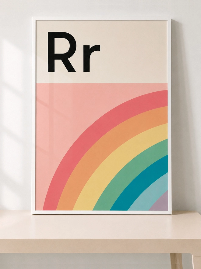 Poster with letter 'R' and rainbow design on a pale pink background