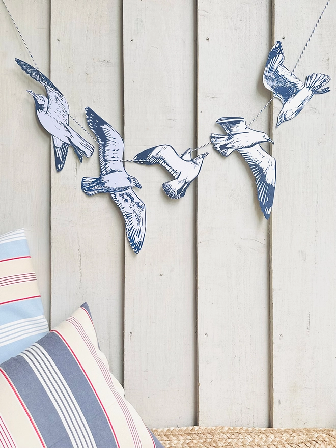 'Swooping Seagulls Of Joy' Hand Printed Bird Linocut Garland