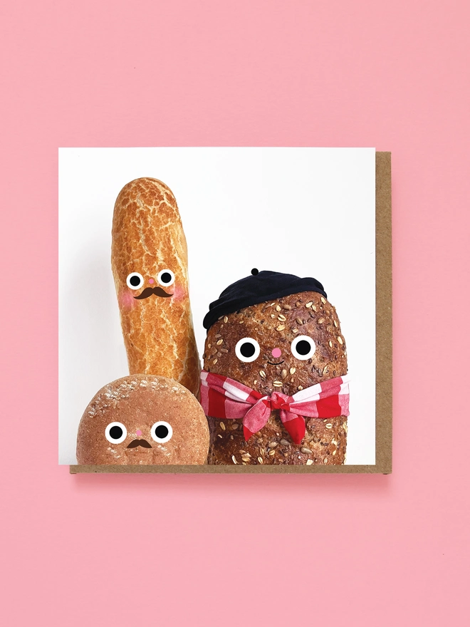 A Cute baguette, Bread roll and a bread Loaf all with faces 