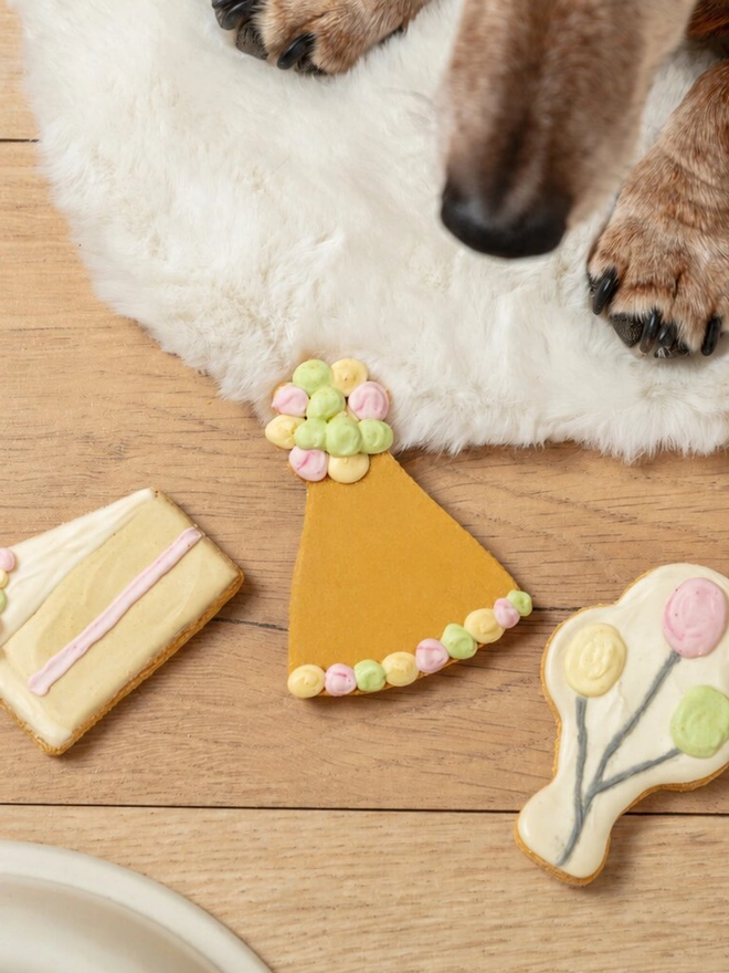 Celebration iced dog biscuit trio arranged beside a dog, featuring a cake slice, party hat and balloon bone.