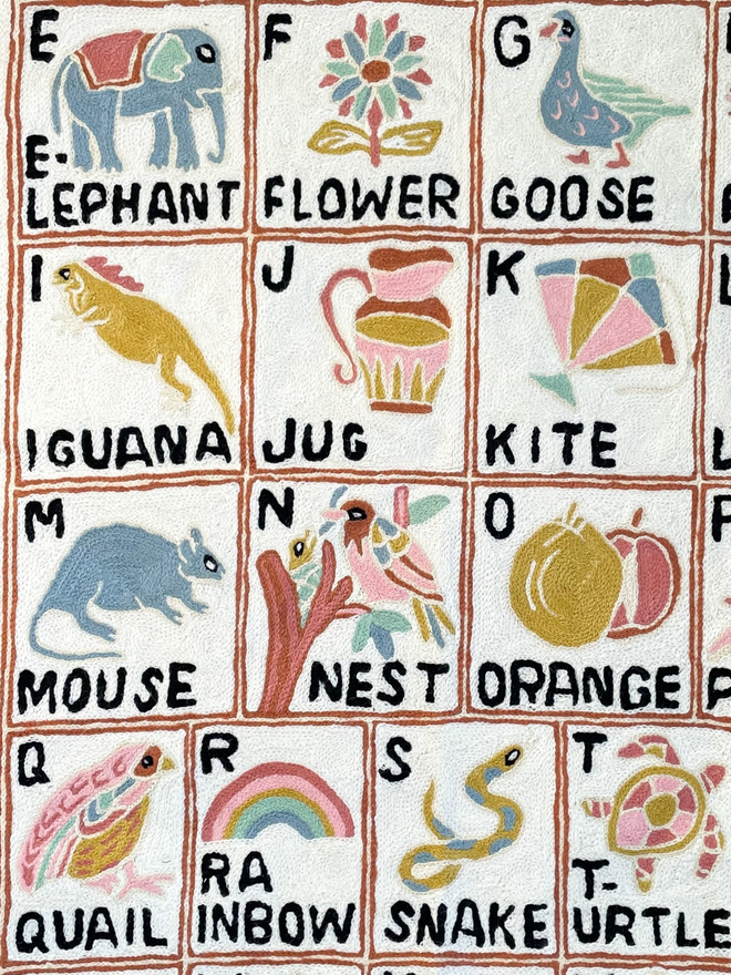 Moppet hand-embroidered alphabet abc tapestry Aru close up