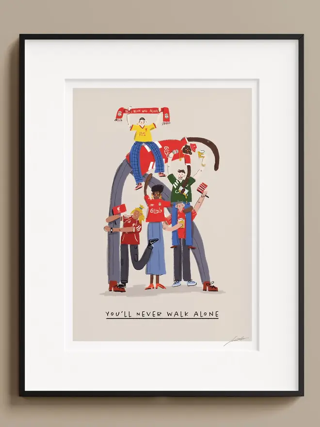illustrated football team fan print. an illustrated image of football fans in liverpool merchandise with a team quote.