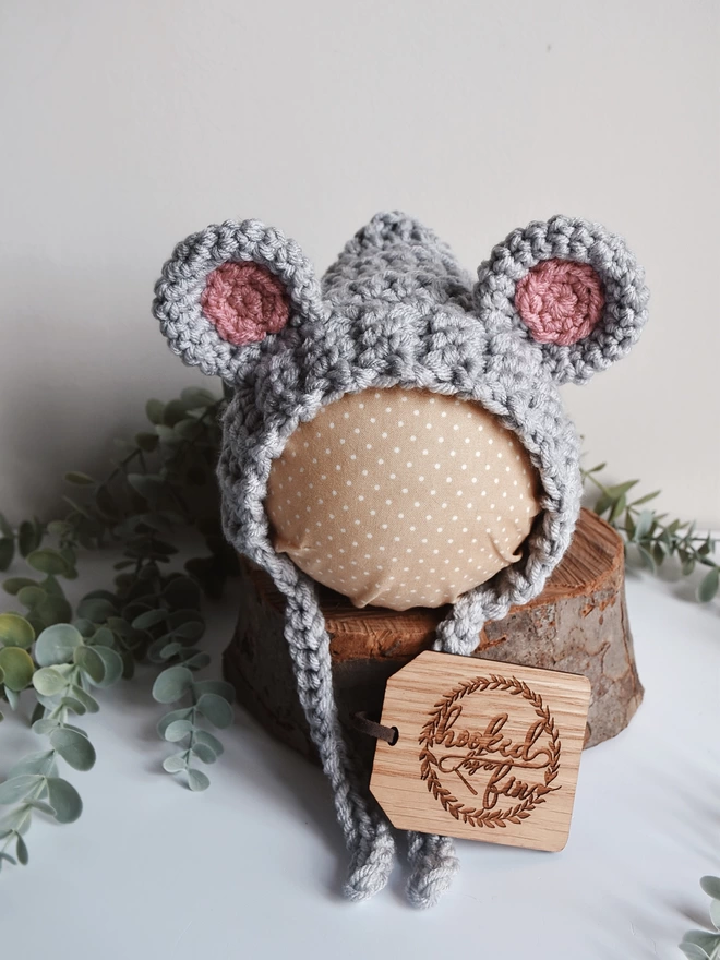 Crochet bonnet with mouse ears