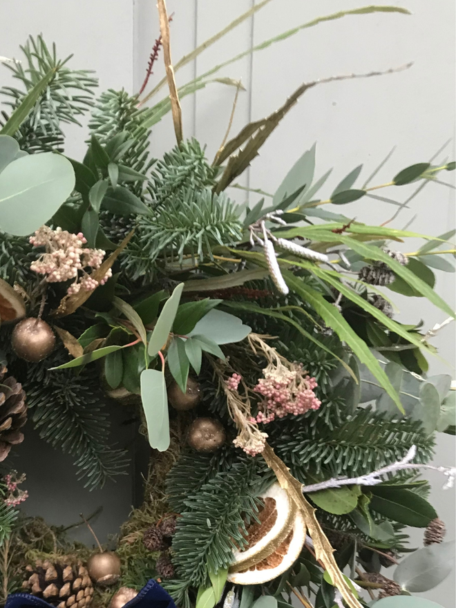 christmas tonic fresh wreath moss Eucalyptus citrus gold pinecones sustainable handmade