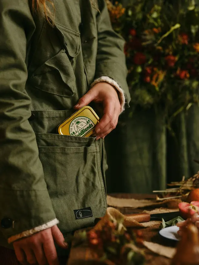 Christmas Blend, tin put into trench coat pocket. 