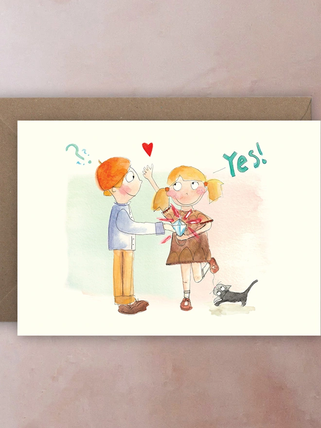 A boy in a beret proposes to a girl with a large engagement ring. A cat plays with her shoelace.