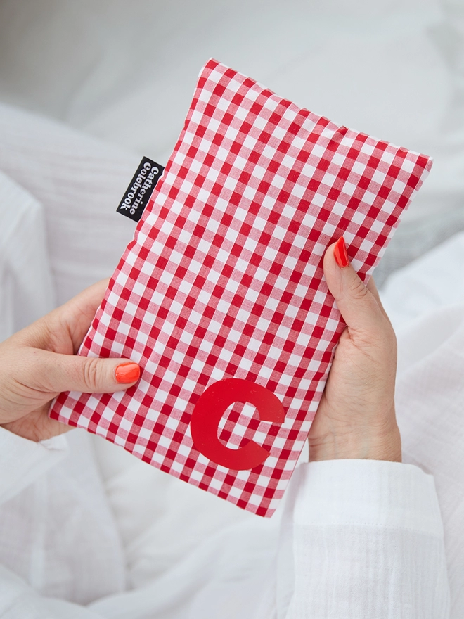Red Gingham Cute Hot Water Bottle with Red Initial