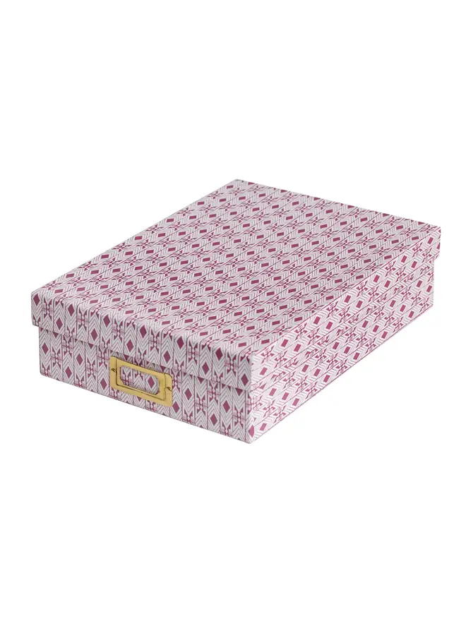 Tijan Lidded Portfolio Box, a colourful portfolio box sitting on a plain surface. 