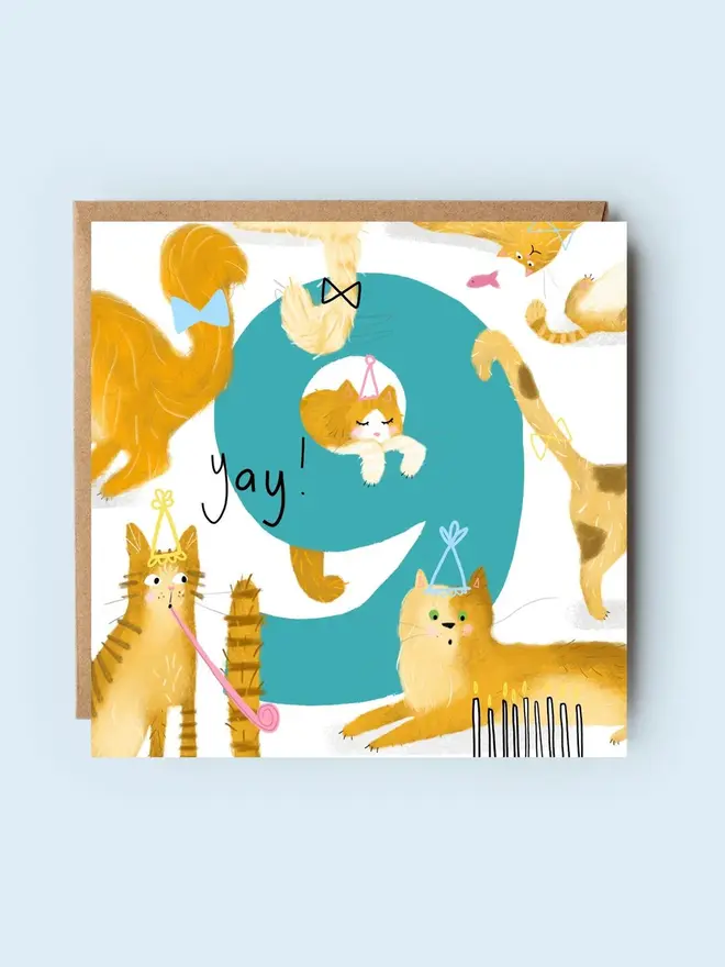 'yay' illustrated 9th birthday card. card featuring green number 9 and illustrated ginger cats.