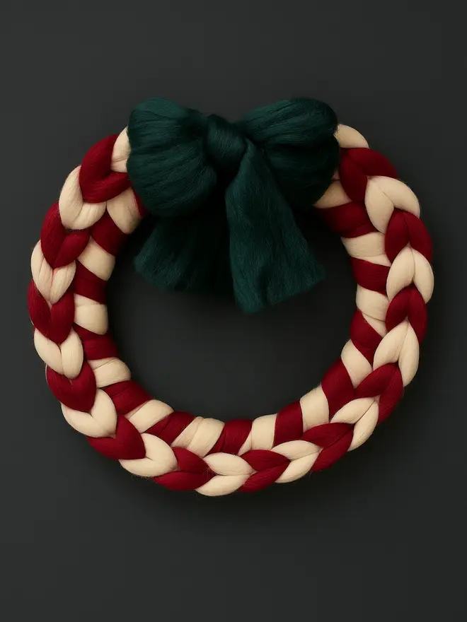 Candy Cane Chunky Knitted Wool Wreath With Bow 