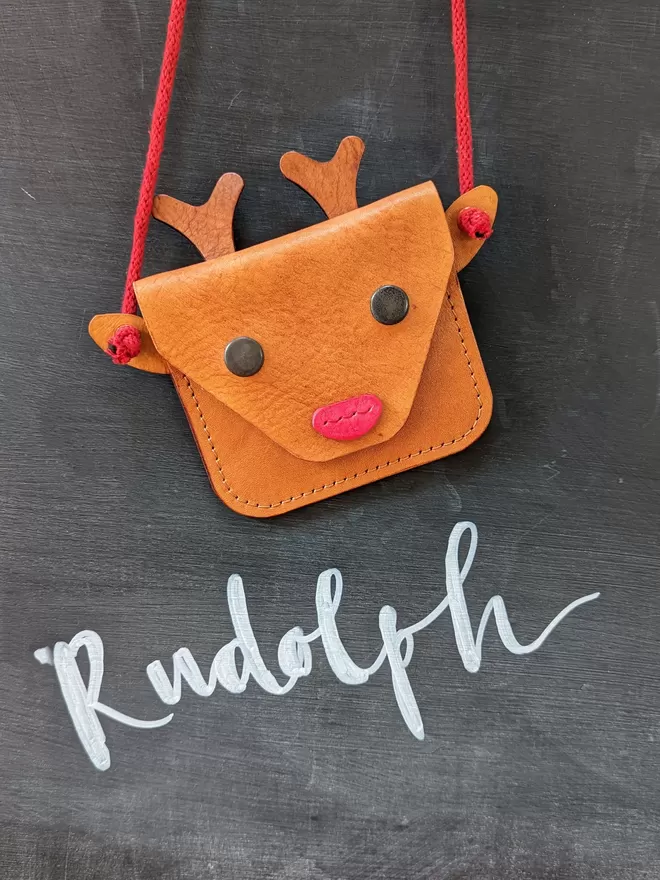 Front View of hand dyed leather Rudolph cross- body purse in brown tan.