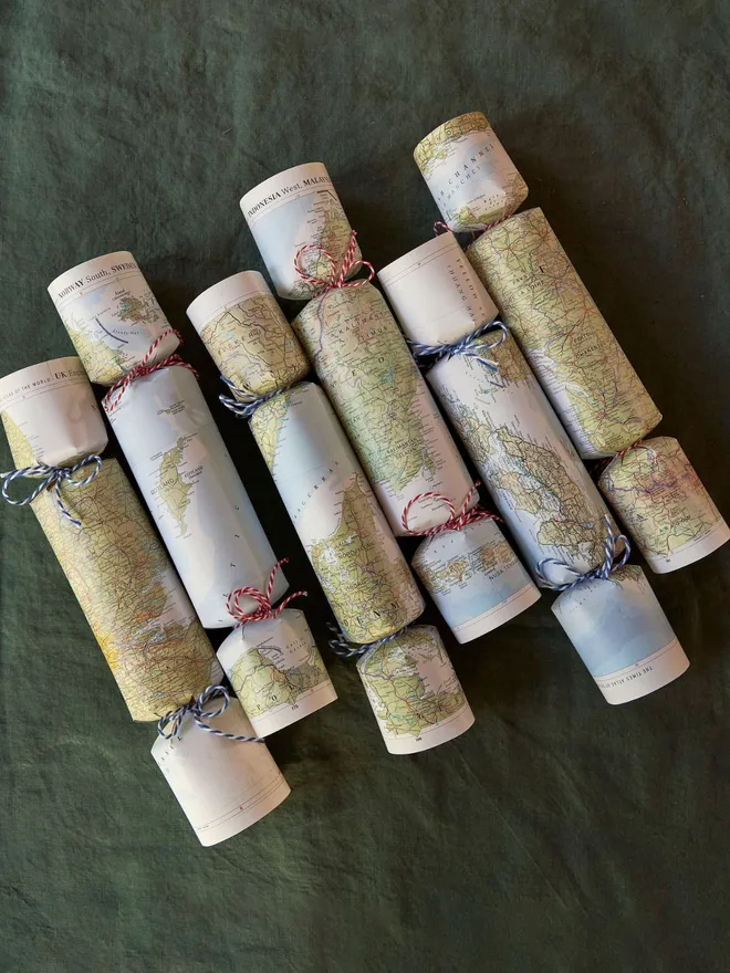 Upcycled Map Christmas Crackers (Set Of 6) six map print christmas chrackers