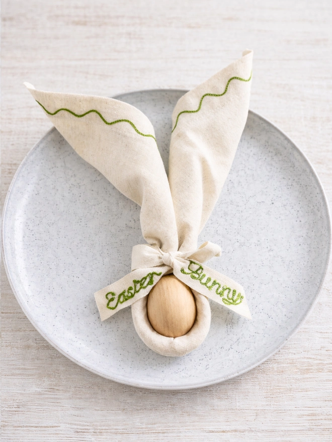 Embroidered Easter napkins with embroidered easter bunny cotton twill bow with wooden egg