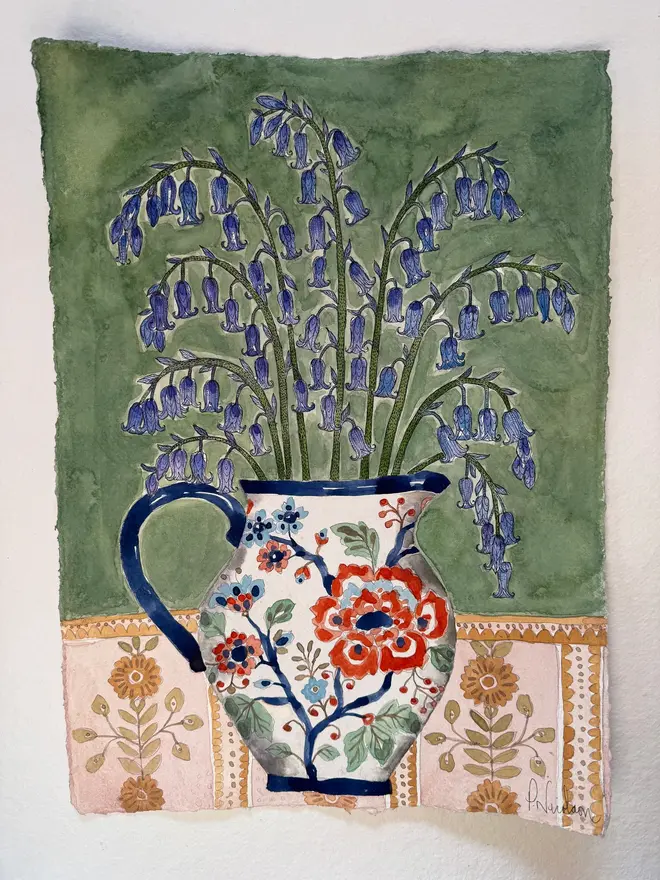 'English Bluebells In Vase' Original A3 Watercolour Painting