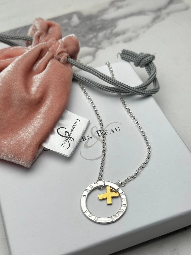personalised sterling silver halo charm on silver chain with gold kiss charm