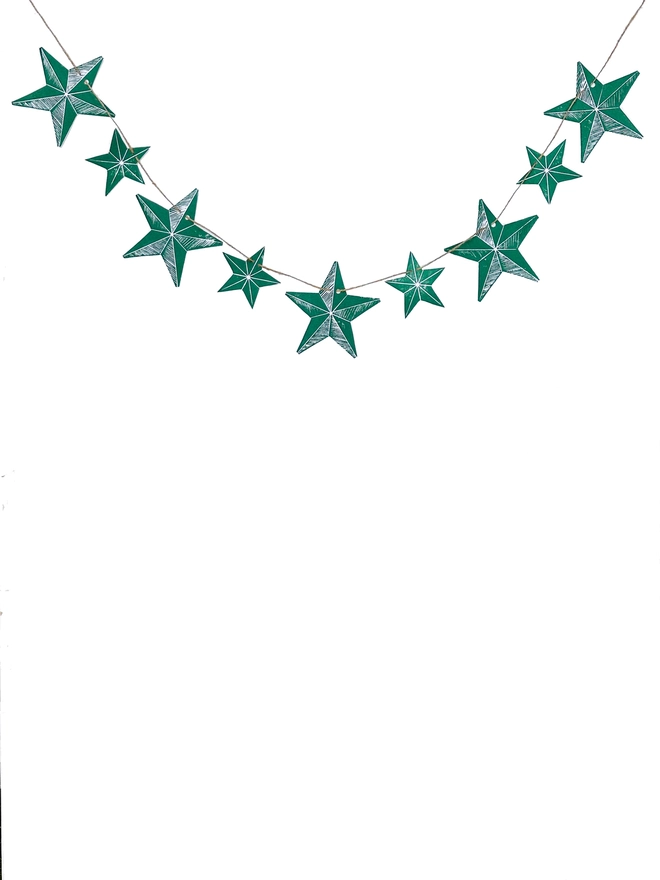 Traditional Rustic Green Scandi Stars Hand Printed Linocut Garland