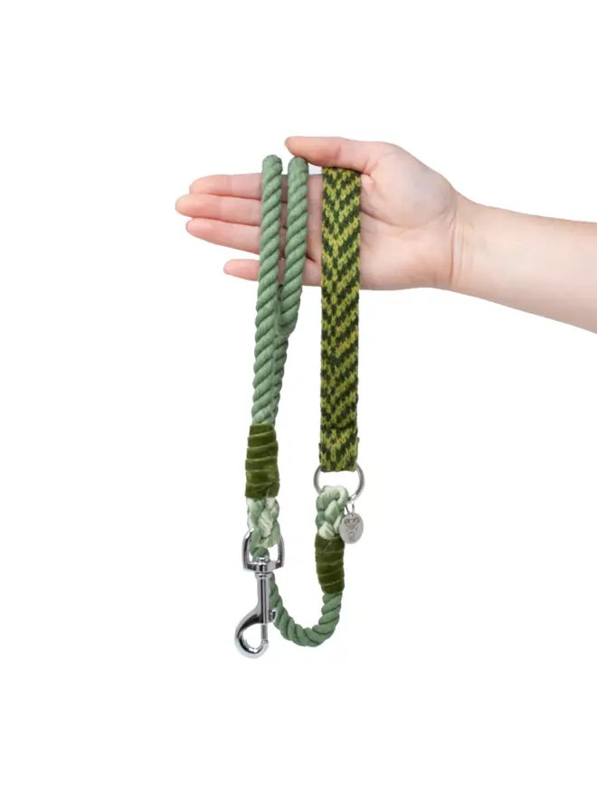 green rope lead held in hand on white background