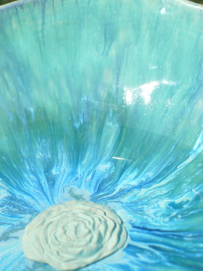 ceramic bird bath close up, jenny hopps pottery