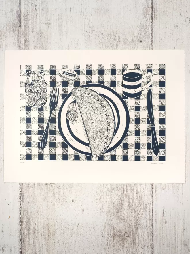 Picture of a Pasty On A Plate, taken from an original Lino Print 