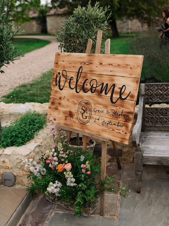 wooden wedding welcome board