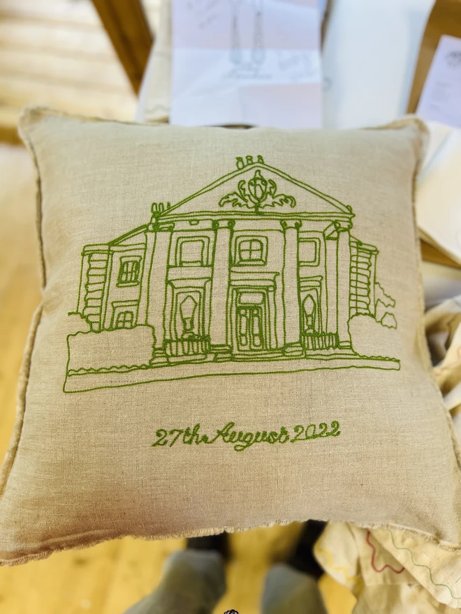 Embroidered Bespoke Wedding/ Home/ Venue Linen Cushion moss green